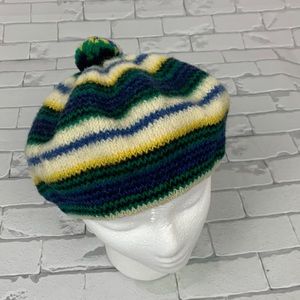 Vintage Wool striped beret hat Pompom accent Green blue yellow stretch